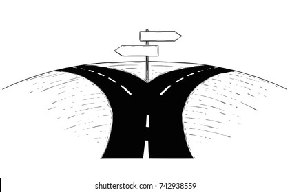 Vector drawing of fork in the road with empty blank decision arrow signs.