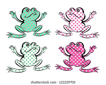 Vector drawing of four motley frogs on a white background.