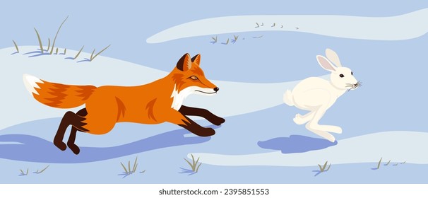 vector drawing fox catches up with rabbit at winter snow, hand drawn animals isolated at white background , cartoon style character