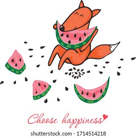 vector drawing foxes, fox eat watermelon, happy fox, drawing a large watermelon