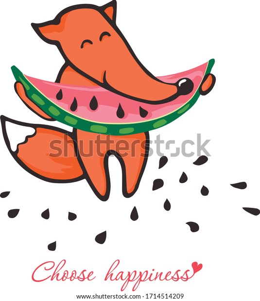 Vector Drawing Foxes Fox Eat Watermelon Stock Vector (Royalty Free