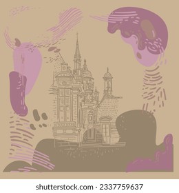 Vector drawing of a fragment of a building in France with design elements on the background