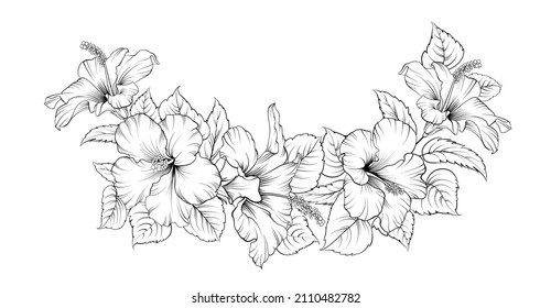 Vector drawing of a frame from hibiscus branches on a black and white background. Tropical flower.