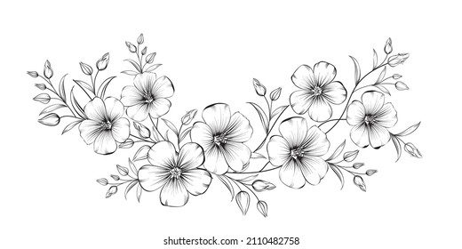 Vector drawing of a frame from linen flowers on a black and white background.