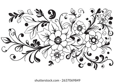 Vector drawing of a frame from linen flowers on a black and white background.