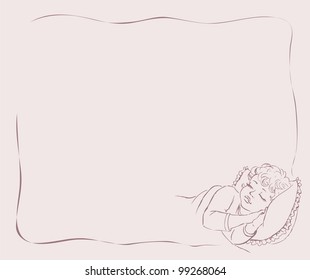Vector drawing of a frame. A small child asleep in bed