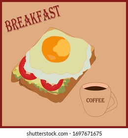 Zeichnung der Vektorillustration. Französisches Frühstück. Croque Madame Croque Monsieur. Kaffee und ein Sandwich. Heisses Sandwich mit Käse, Salat und gebratenem Ei. Beiger Hintergrund.