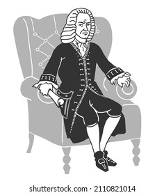 vector drawing of the French poet Voltaire in an armchair