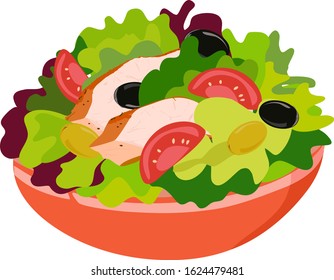 Vector drawing of fresh spring vitamin salad in a deep plate with lettuce, slices of tomato, olives and sliced ​​steak, red meat