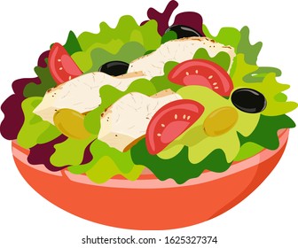 Vector drawing of fresh spring vitamin salad in a deep plate with lettuce, slices of tomato, olives and sliced steak, white meat
