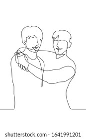Vector drawing friends standing in an embrace. Two men are smiling, the warm trusting relationship of two male friends. One continuous line art of two men