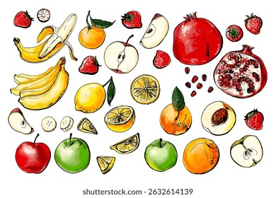 Vector drawing fruits, black line, color. Food illustration. Banana, apples, strawberry, peach, pomegranate.
