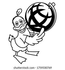 Vector drawing of a funny duck with a globe