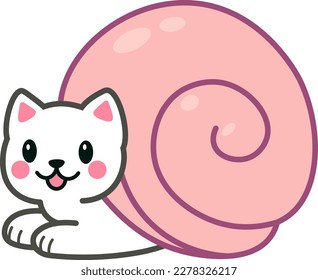 Dibujo de vectores. Un gatito gracioso con una concha de caracol. Kitty. Escarnio