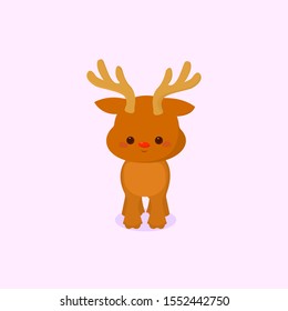 Vector drawing of funny red nosed reindeer. Christmas card illustration. Cartoon  deer on light  background, vector flat illustration.