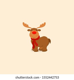 Vector drawing of funny red nosed reindeer. Christmas card illustration. Cartoon  deer on light  background, vector flat illustration.