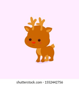 Vector drawing of funny red nosed reindeer. Christmas card illustration. Cartoon  deer on light  background, vector flat illustration.
