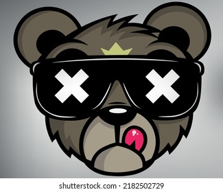 Vector Drawing Funny Teddy Bear With Glasses. Logo Bear