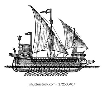 Vector drawing of Galley stylized as engraving.