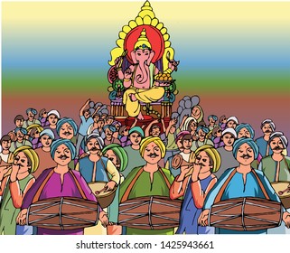 Vector Drawing Of Ganesh Visarjan In Mumbai - Indian Festival For Ganesh Upasana