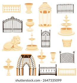vector drawing garden decorative elements, fountains, fences and hedges, gazebos and statues isolated at white background, hand drawn illustration