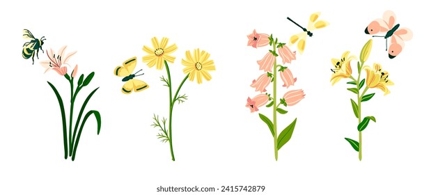 vector drawing garden flowers and butterflies, dragonfly and bumblebee at white background, hand drawn botanical illustration