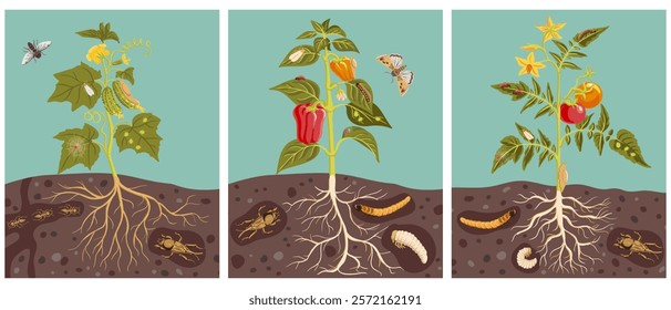 vector drawing garden plants of cucumber, tomato and bell pepper with green leaves, fruits and flowers and pests, vegetables and insects in soil ground, hand drawn illustration