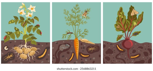 vector drawing garden plants with roots, green leaves, flowers and pests, vegetable and insects in soil ground, potato, carrot and beet, hand drawn illustration