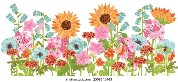 Vektorgrafik Garten Sommerblumen auf weißem Hintergrund, handgezeichnete botanische Illustration