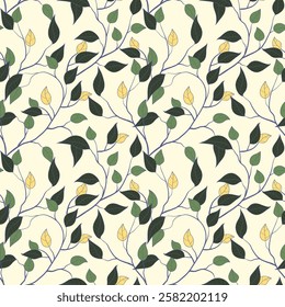 vector drawing of garden trees and branches, with bright leaves. Vintage botanical nature in art nouveau style, hand drawn. Aesthetic background for wallpaper, fabric, bed linen, decor.