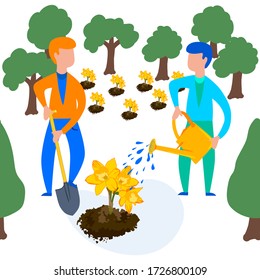 Vector drawing of garden work with garden tools white isolated background. People work, dig, water, a worker is flat, cartoony. Registration of cards, banners, printing on fabric, covers