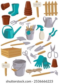 vector drawing gardening tool kit, instruments isolated at white background, hand drawn illustration