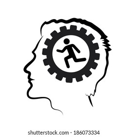 Vector drawing of gear wheel in the head of man. Man runs inside a circle.