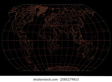 Vector drawing of geographical contour map of world with oceans, continents, islands, rivers, seas. Grid of meridians, parallels. South, Central, North America, Eurasia, Australia, Africa, Greenland.