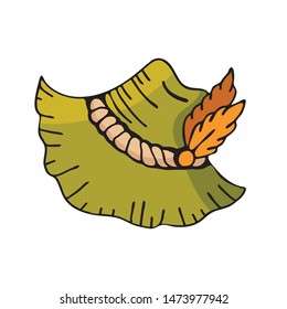 Vector drawing of a German feather hat silhouette. Historical costume party props. Oktoberfest festival themed illustrations for badge, sticker, label, badge, certificate or banner ad decoration