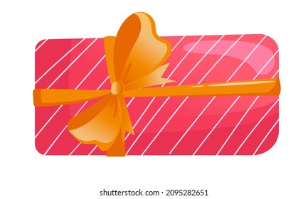 Vector drawing of a gift box with a bow in a flat style isolated on a white background. Shelf pink gift box with gold bow. Gifts for Christmas and Valentine's Day