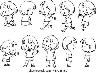 vector drawing girl action set