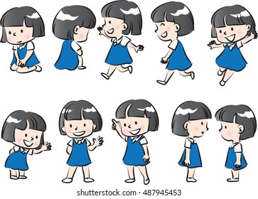 vector drawing girl action set