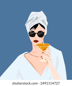 vector drawing of a girl after a shower in a robe and with a glass in her hand. woman on holiday in spa salon young woman in sunglasses and face mask hold glass of red wine