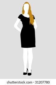Vector drawing girl in black dress, silhouette against a white background