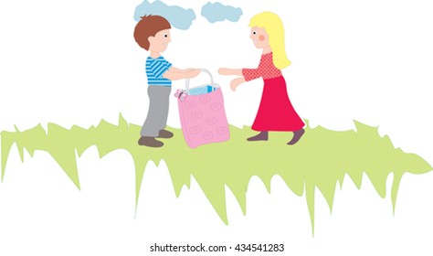 Vector drawing girl, boy with gift