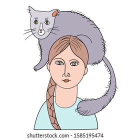 vector drawing of a girl with a cat on her head