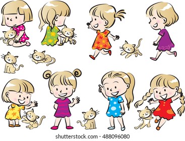 vector drawing girl with cat set