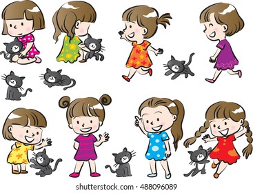 vector drawing girl with cat set