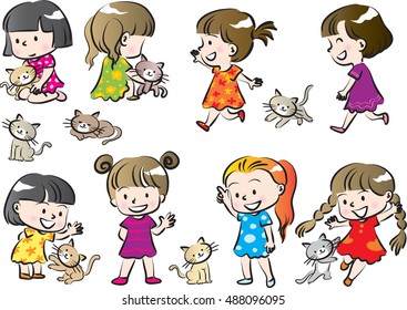 vector drawing girl with cat set