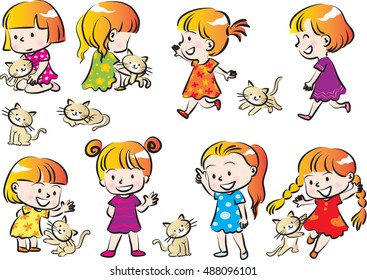vector drawing girl with cat set