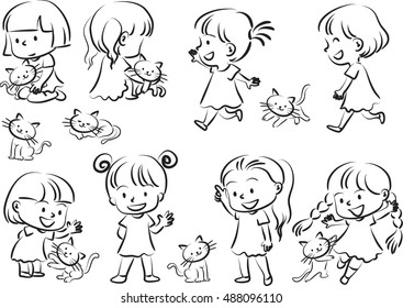 vector drawing girl with cat set