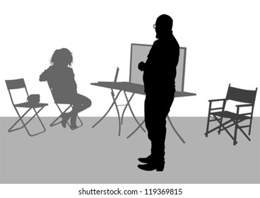 Vector drawing of a girl with a computer at the table