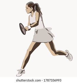 
Vector drawing of a girl engaged tennis in jump hits the ball