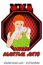 Vector drawing of the girl of the fighter of mixed martial arts. MMA. Octagon. Champion of a cage. Vector color illustration.